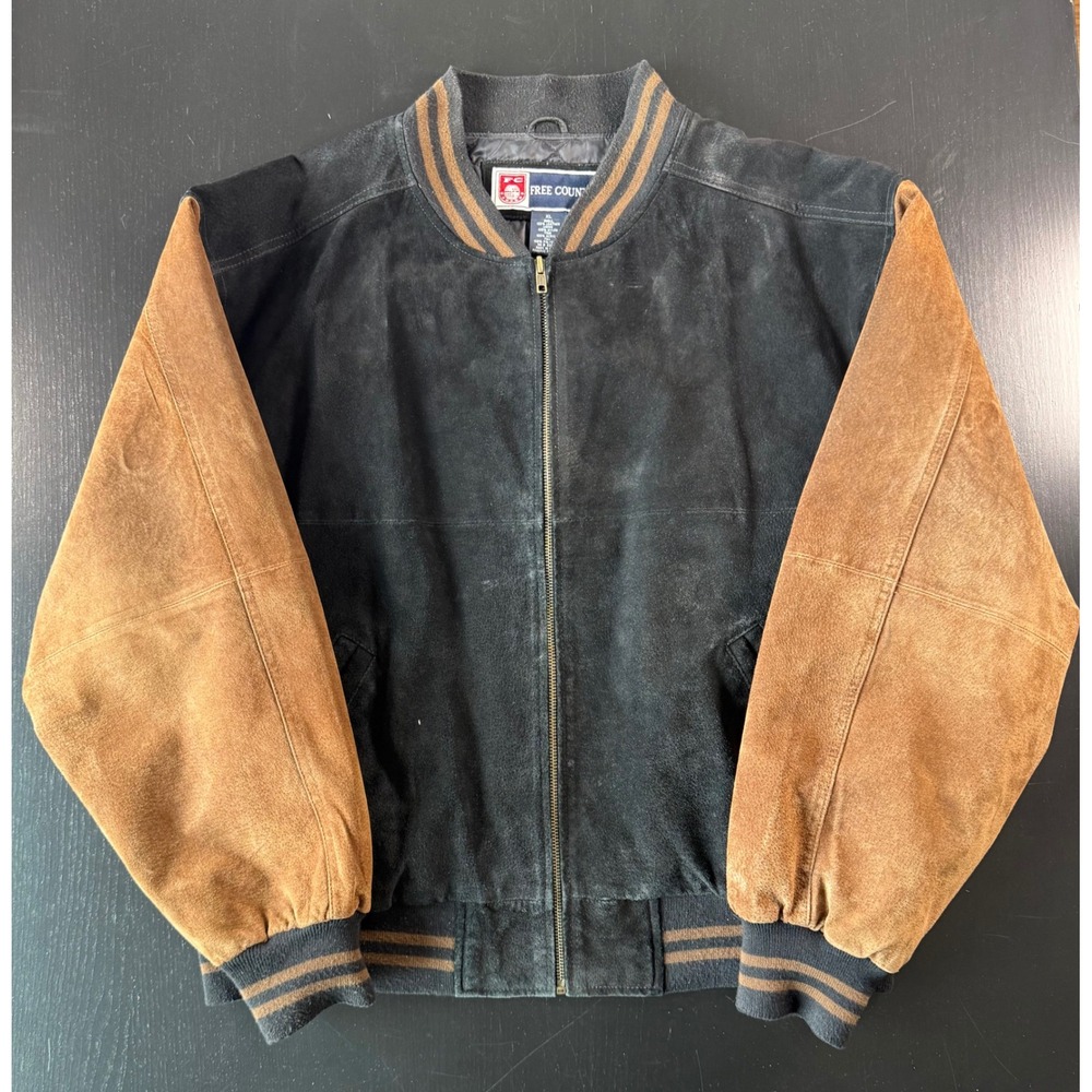 Free Country Mens XL Suede Varsity Bomber Jacket Black Tan Leather Vintage Zip
